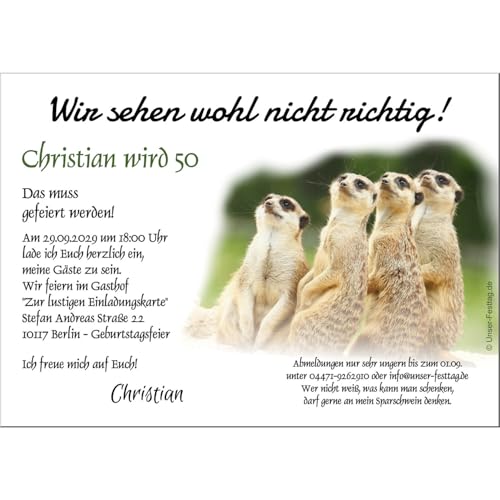 Coole Moderne Einladungen zum Geburtstag mit Spruch Text selber eingeben ändern. Wunschalter. Motiv Erdmännchen (40 Karten) von Unser-Festtag