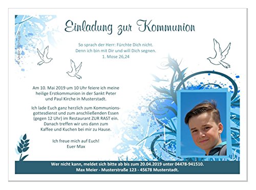 Einladungen zur Kommunion, für Junge, mit oder ohne Foto, süße moderne Karten, Text änderbar - Menge 20, Format 17 x 12 cm von Unser-Festtag