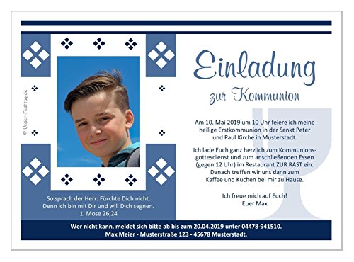 Einladungen zur Kommunion, für Jungs Junge, mit oder ohne Foto, moderne Karten, Text änderbar, 20 Stück, 17 x 12 cm groß von Unser-Festtag