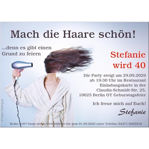 Einladungskarten zum Geburtstag Motiv Mach die Haare schön - in 2 Größen bestellbar, 40 Karten - 17 x 12 cm von Unser-Festtag