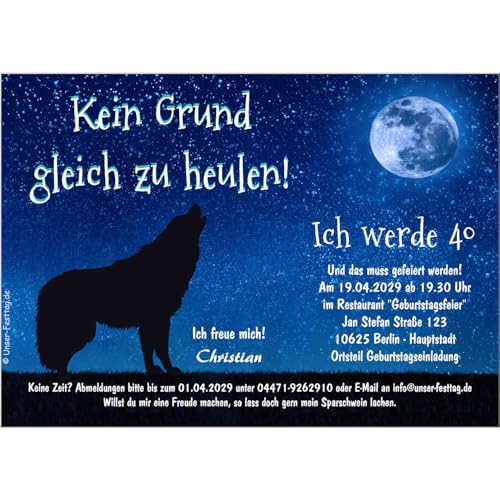 Unser-Festtag Einladungskarten zum Geburtstag Motiv Wolf Kein Grund gleich zu heulen, verschiedene Größen, 40 Karten von Unser-Festtag