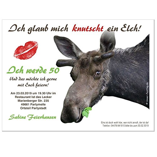 Geburtstag Einladungen lustiger Elch mit Spruch - Ihr Text wird kostenlos eingedruckt, 50 Karten von Unser-Festtag