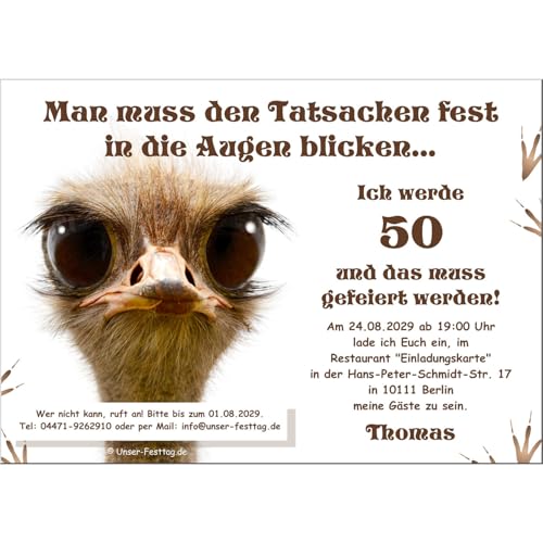 Lustige Einladungskarten zum Geburtstag, Vogel Strauß, jedes Alter möglich 40,50,60,70, Wunschtext, personalisierbar, Digital als Foto oder in gedruckter Form auf 250gr Karton, versch. Größen möglich Lustige Einladungskarten zum Geburtstag, Vogel Strauß, jedes Alter möglich 40,50,60,70, Wunschtext, personalisierbar, Digital als Foto oder in gedruckter Form auf 250gr Karton, versch. Größen möglich von Unser-Festtag