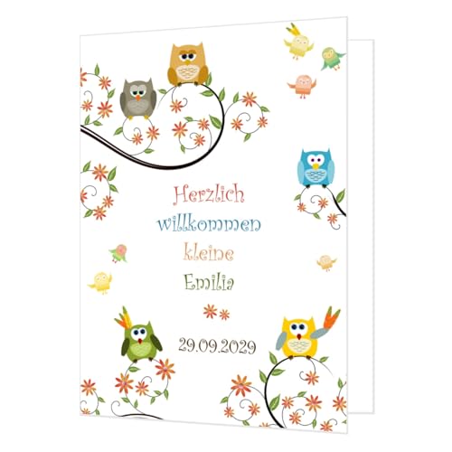Maxi Karte zur Geburt, Gratulation, Babykarte, Wunschtext innen und außen anpassbar - XXL groß DIN A4 plus Umschlag, Klappkarte beidseitig bedruckt Motiv Eulen von Unser-Festtag