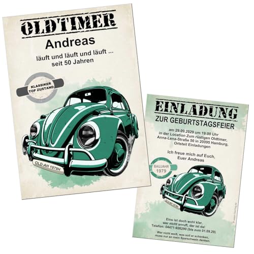 Unser-Festag Retro Käfer Einladungskarte zum runden Geburtstag, Oldtimer Design, Digital als JPG oder Druck auf dicken Karton, Doppelseitig, 1-200 Stück, grün Unser-Festag Retro Käfer Einladungskarte zum runden Geburtstag, Oldtimer Design, Digital als JPG oder Druck auf dicken Karton, Doppelseitig, 1-200 Stück, grün von Unser-Festtag