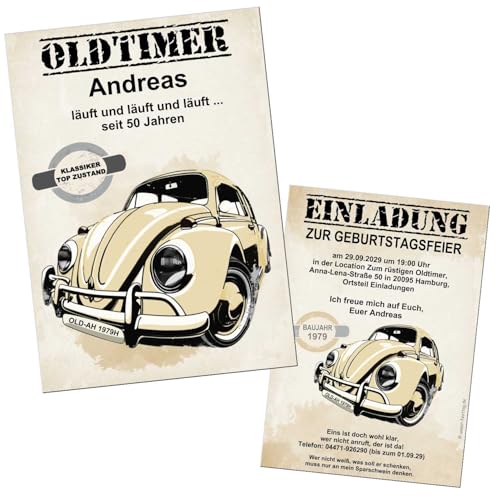 Unser-Festag Retro Vintage Käfer Einladungen zum runden Geburtstag, Oldtimer Design, Digital als JPG oder Druck auf dicken Karton, Doppelseitig, 1-200 Stück, beige von Unser-Festtag