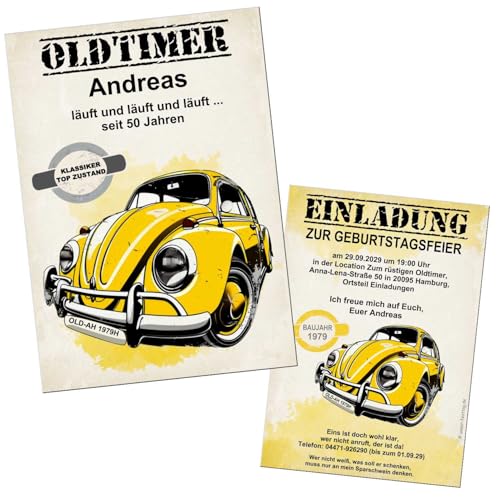 Unser-Festag.de Vintage Käfer Einladungskarte zum runden Geburtstag, Oldtimer Design, Digital oder Druck auf dicken Karton, Doppelseitig, 1-200 Stück, gelb Unser-Festag.de Vintage Käfer Einladungskarte zum runden Geburtstag, Oldtimer Design, Digital oder Druck auf dicken Karton, Doppelseitig, 1-200 Stück, gelb von Unser-Festtag