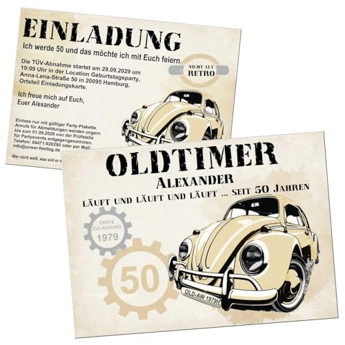 Unser-Festtag Einladungen zum Geburtstag, jedes Alter, Text anpassbar, beige, Vintage, zweiseitig, als digitale Datei (JPGs) oder gedruckt auf extra dicken Karton, 1-200 Stück von Unser-Festtag