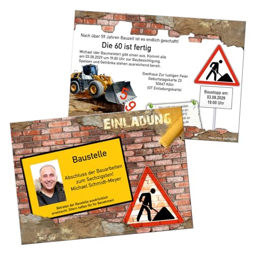 Unser-Festtag Einladungskarten zum 50 Geburtstag, lustig, jedes andere Alter möglich, Wunschtext anpassbar Baustelle mit Foto, Handwerker (30 Karten) von Unser-Festtag