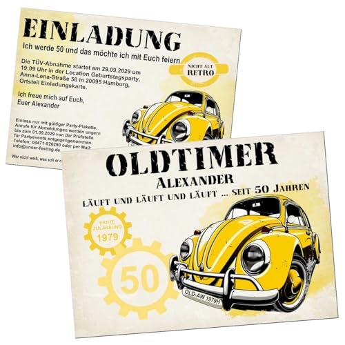 Unser-Festtag Einladungskarten zum Geburtstag, jedes Alter und Text anpassbar, Retro Vintage, zweiseitig, als digitale Datei (JPGs) oder gedruckt auf extra dicken Karton, 1-200 Stück von Unser-Festtag