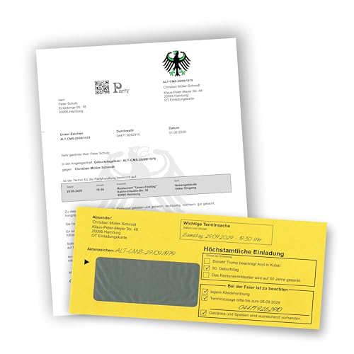 Unser-Festtag DAS ORIGINAL - 20 Geburtstagseinladungen Einladungsbriefe zum Geburtstag - Brief & Umschlag witzig und originell mit Ihrem Text bedruckt, jedes Alter ist möglich von Unser-Festtag