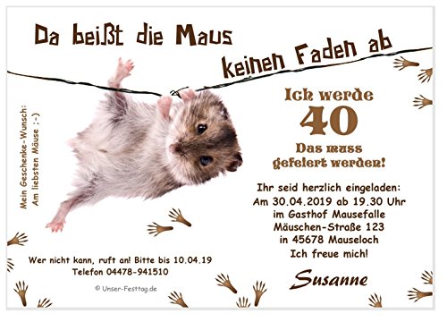 Unser-Festtag Lustige Einladungskarte Maus am Faden Geburtstagseinladungen runder Geburtstag lustig - mit Spruch - 50 Karten von Unser-Festtag