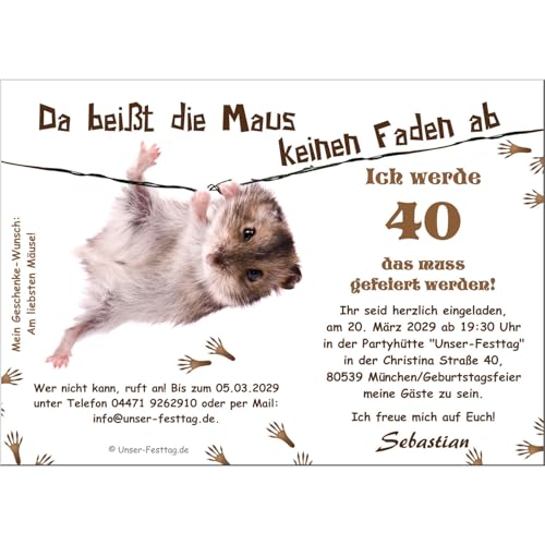 Unser-Festtag Lustige Einladungskarte Maus am Faden Geburtstagseinladungen runder Geburtstag lustig - mit Spruch - 50 Karten von Unser-Festtag