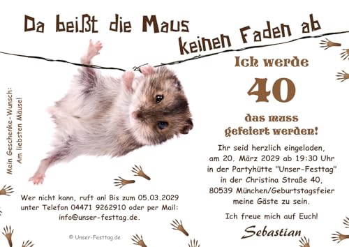 Unser-Festtag Lustige Einladungskarte Maus am Faden jedes Alter möglich - 30 40 50 60 kostenloser Eindruck Ihres Textes - 20 Karten von Unser-Festtag