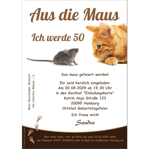 Unser-Festtag Lustige Einladungskarten zum Geburtstag, Aus die Maus, jedes Alter möglich 40,50,60,70, Wunschtext, personalisierbar, Digital als Foto oder in gedruckter Form auf 250gr Karton, Katze Unser-Festtag Lustige Einladungskarten zum Geburtstag, Aus die Maus, jedes Alter möglich 40,50,60,70, Wunschtext, personalisierbar, Digital als Foto oder in gedruckter Form auf 250gr Karton, Katze von Unser-Festtag