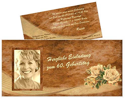 Unser-Festtag Vintage 3 Rosen mit Foto Schöne Einladungskarten für runden Geburtstag, in jedes Alter ändern - 30 Karten von Unser-Festtag