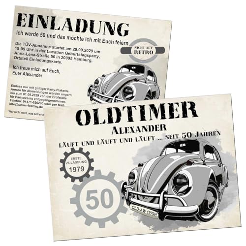Unser-Festtag grauer Käfer als Einladung zum Geburtstag, jedes Alter und Text anpassbar, Retro Beetle, zweiseitig, als digitale Datei (JPGs) oder gedruckt auf extra dicken Karton, 1-200 Stück von Unser-Festtag
