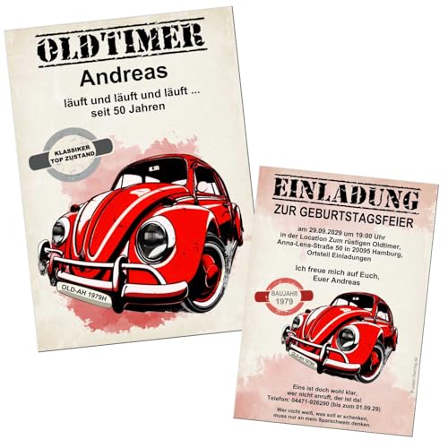 Vintage Käfer Einladungskarte zum runden Geburtstag im Hochformat, doppelseitig, als digitale Datei (JPGs) oder gedruckt auf dicken stabilen Karton, 1-200 Stück von Unser-Festtag