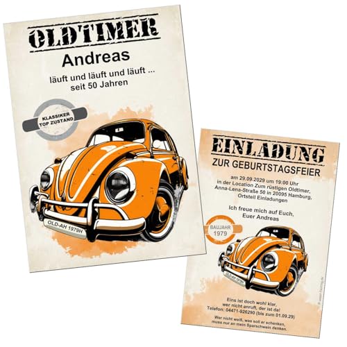 Vintage Käfer Geburtstags Einladungskarten, jedes Alter anpassbar 40. 50. 60. 70. Digital als JPG oder gedruckt auf extra dicken Karton, personalisierbar, 1-200 Stück, Orange Vintage Käfer Geburtstags Einladungskarten, jedes Alter anpassbar 40. 50. 60. 70. Digital als JPG oder gedruckt auf extra dicken Karton, personalisierbar, 1-200 Stück, Orange von Unser-Festtag