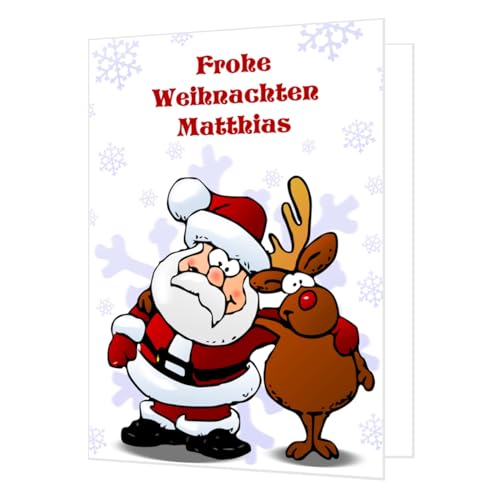 XXL riesige DIN A4 Weihnachtskarte, der gesamte Text wird angepasst, Weihnachtsmann mit Rudolf das Rentier, offen DIN A3, inklusive Umschlag. Klappkarte, beidseitig bedruckt von Unser-Festtag