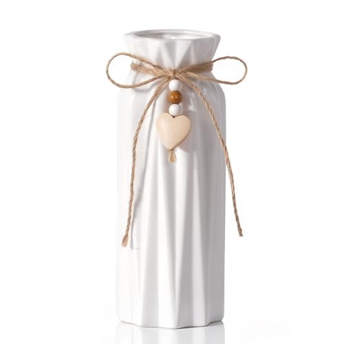 UoYeet Keramikvase mit geometrischem Muster, dekorative weiße Vase mit Juteseil und Herzanhänger für Blumen und Pampasgras, Heimdekoration, Tischdekoration, 21 cm UoYeet Keramikvase mit geometrischem Muster, dekorative weiße Vase mit Juteseil und Herzanhänger für Blumen und Pampasgras, Heimdekoration, Tischdekoration, 21 cm von UoYeet