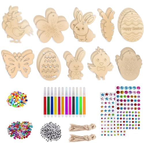 Uoliui Osterdeko, 264 Stück Ostern Basteln Holz, Holzanhänger Ostern zum Bemalen, Bastelset Ostern Kinder, Ostern Anhänger Holz,Osterhase Ostereier Küken,mit Schnur, Acrylstifte,Osteraufkleber von Uoliui