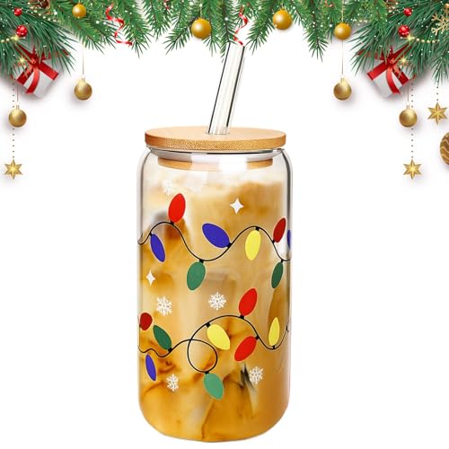 Christmas Glas Becher | Auslaufsicherer Kaffeebecher - Weihnachts Travel Becher Für Kaltgetränke,für Cappuccino, Tee, Latte, Milch, Soda, Saft, Wasser, Bier, Getränke, Feiertag, Geburtstag von Uonguon