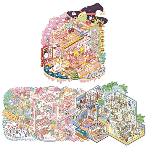 Miniature Landscape Sticker Book, No Cut Creative Cartoon House Decal, 3D Dreamland Landscape Decal, Kids Funny,7.68x10.04x1.18 inches for Girl, Home, School, Boy von Uonguon