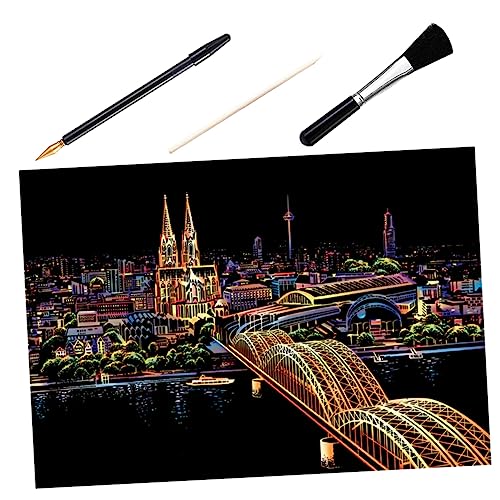 Uonlytech 1 Set Nachtszenen Schabenzeichnung Für Erwachsene Für Papier Goldmalerei Erwachsene Handwerk Rubbeln DIY Rubbelbild Malen Rubbeln Erwachsene Kratzbretter Kunst Schwarz Holz von Uonlytech