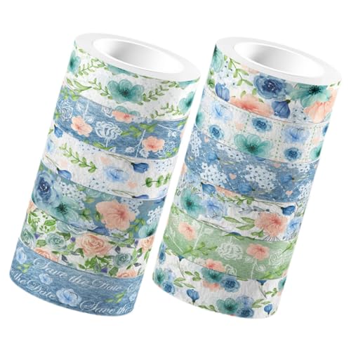 Uonlytech 12Rollen Washi Tape Dekorative Klebebänder mit Blauem Rosenmuster Selbstklebendes Papierband für Scrapbooking Journals DIY Projekte und Bastelarbeiten von Uonlytech