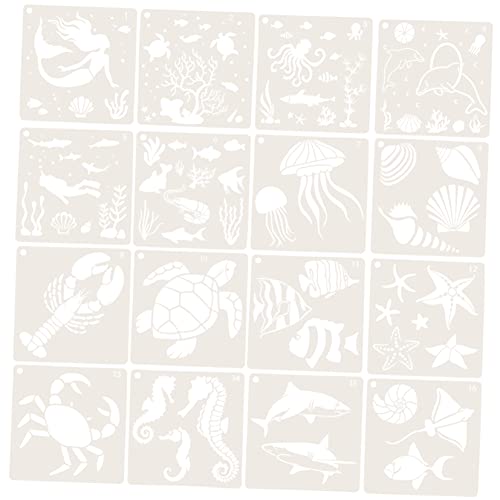 Uonlytech 16 Stück Teiliges Unterwasser Malvorlagen mit Meeresmotiven Wiederverwendbare Schablonen für DIY Kunst Scrapbooking Wand und Möbelgestaltung Großes Design für Präzises Zeichnen von Uonlytech
