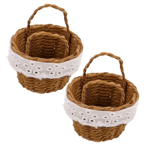 Uonlytech 2 Stück Teiliges Mini Handgewebtes Blumenkorb Griff Winzige Geflochtene Körbe aus Imitations-Rattan Leicht Tragbare Miniatur Blumenkörbe für Puppenhaus Dekor und Hochzeitsgeschenke von Uonlytech