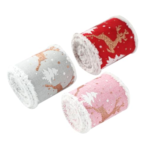 Uonlytech 3 Rollen Weihnachtsgeschenkband Weiches Farbintensives Geschenkverpackungsband mit Weißem Samtrand und Rentier Vielseitig für DIY Dekoration Langlebig Reißfest Farbecht von Uonlytech