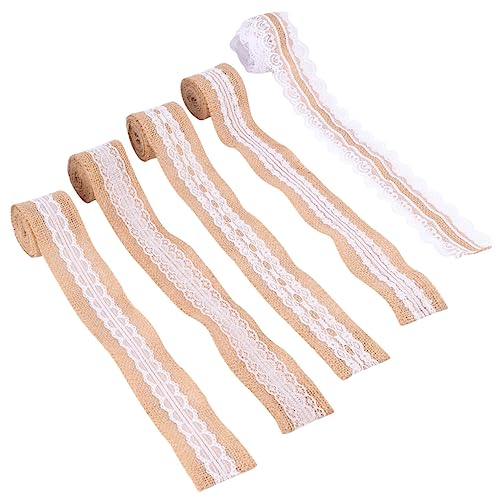 Uonlytech 5 Rollen Teiliges Leinenband mit Spitze Diy Bastelstreifen Jutestoff für Hochzeitsdeko Handgefertigt Langlebig Vielseitig Einsetzbar für Geschenkverpackung und Blumenarrangements von Uonlytech
