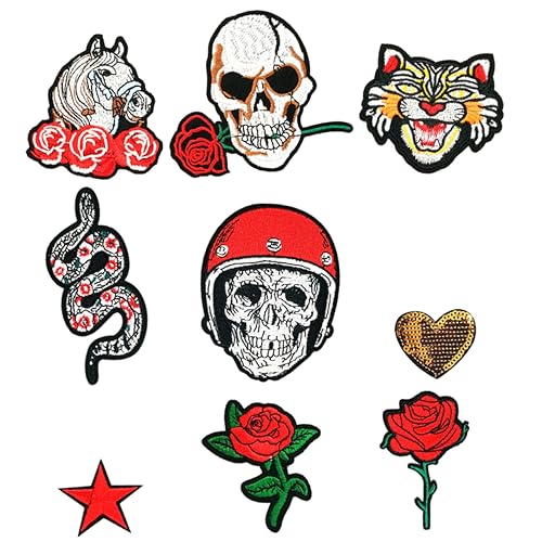 Uonlytech 9 Stück Teiliges Punk Stil Bestickte Skull Patches zum Aufnähen für Kleidung Taschen und Hüte Bunte Applikationen für Diy Projekte und Gestaltung von Uonlytech