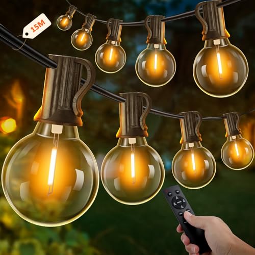 UooEA Lichterkette Außen mit Timer, 15M LED Lichterkette Strom Outdoor mit 25+2 G40 Glühbirnen, 4 Modus und Dimmbar Lichterkette Wasserdicht für Garten Balkon Terrasse Party Hochzeit (Warmweiß) von UooEA