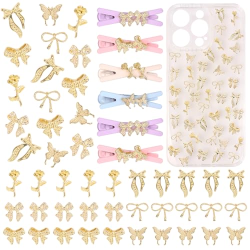 60 Stück goldene Fliegen-Charms, 3D-Metall-Schleife, Schmetterlings-Anhänger zum Basteln, Legierung, Rosen-Charms für Junk-Etui, Basteln, Scrapbooking, Schmuckherstellung von Uotey