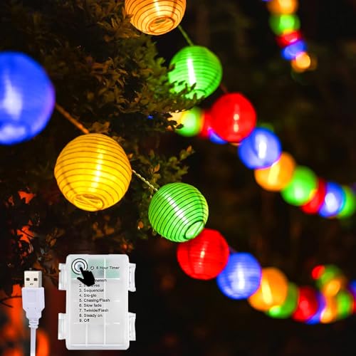 Uping 7,8 Meter 30er lampions lichterkette mit Batterie/Usb, Lichterkette Batterie Aussen 8 Modi & Timer, lampions wetterfest led für Outdoor Deko Terrasse (Bunt) von Uping