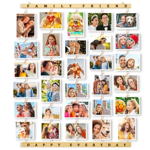 Uping Bilderrahmen Collagen Holz Photo Hanging Bilderrahmen fotorahmen für mehrere fotos mit 30 Kleinen Holzklammern Ideal Geschenk für Geburtstag Hochzeit Weihnachten usw von Uping