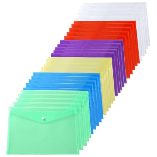Ordner für Dokumente 30pcs Poly Envelope -Ordner mit Snap -Taste -Verschluss, Kunststoffumschlägen, hochwertige Kunststoffumschläge, transparentes Projektumschlagsordner, A4 -Buchstaben (6 Farben) von Upiulote