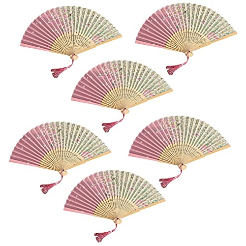 6 Stück Faltbare Fächer Handfächer für Damen,Bambus Chinesischer Blumen Stoff Fächer Vintage Stil Hand Fächer Mit Quasten Klappfächer für Wanddekoration Fotografie Dekoration Hochzeit Party Sommer von Uposao