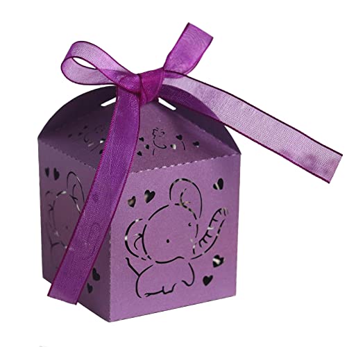Hochzeit Geschenkbox, 50 Stück Hohles Elefant Papier-Süßigkeitenbox Schachtel Geschenkbox Süßigkeiten Kartons Schokolade kartons Bonboniere Kasten mit Farbband Tischdeko für Hochzeit,Dunkellila von Uposao