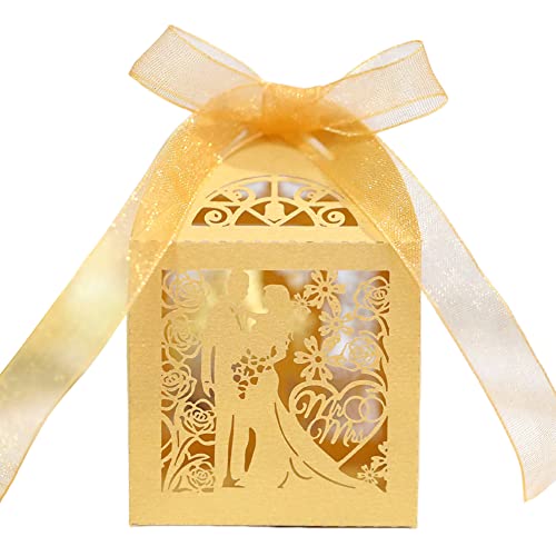 Hochzeit Geschenkbox,50 Stück Hohles Liebhaber Papier-Süßigkeitenbox Schachtel Geschenkbox Süßigkeiten Kartons Schokolade kartons Bonboniere Kasten mit Farbband Tischdeko für Hochzeit Party,Gold von Uposao