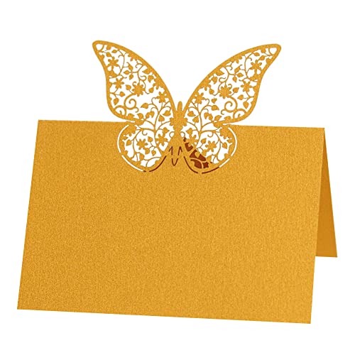 Uposao 50 Stück Tischkarten Hochzeit, Hohle Schmetterling Platzkarten Grußkarten zum Beschriften Namenskarten Namenschilder Sitzplatzkarten Blanko für Hochzeit,Geburtstag, Kommunion, Taufe,Gold von Uposao