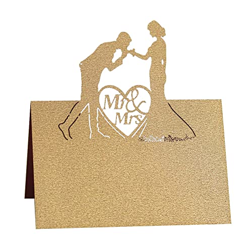 Uposao 50 Stück Tischkarten Hochzeit,Hohle Brautpaar Platzkarten Grußkarten Namenskarten Sitzplatzkarten Blanko Namensschilder zum Beschriften für Hochzeiten, Engagierte Partei und mehr,Beige Gold von Uposao