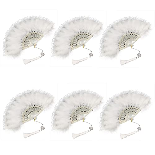 Uposao Damen Fächer Feder,6 Stücke Vintage Stil 20er Jahre Feder Handfächer Faltbar Handheld Marabou Federfächer Gatsby Kostüm Flapper Zubehör für Hochzeit Halloween Karneval, Mottoparty Tanzen,Weiße von Uposao