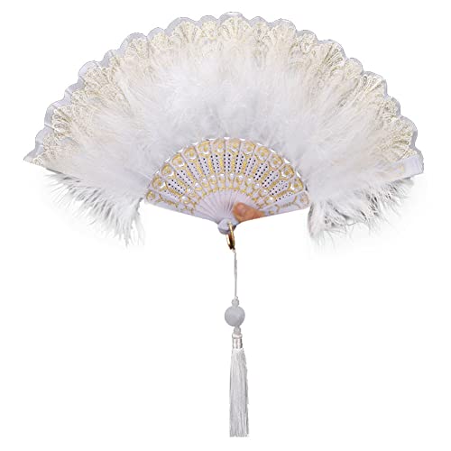 Uposao Damen Fächer Feder,Vintage Stil 20er Jahre Feder Handfächer Faltbar Handheld Marabou Federfächer Damen Gatsby Kostüm Flapper Zubehör für Hochzeit Halloween Karneval, Mottoparty,Weiss von Uposao