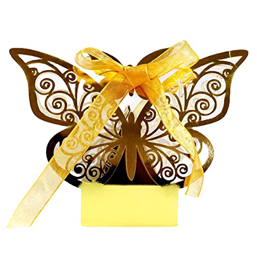 Uposao Hochzeit Geschenkbox,50 Stück Süßigkeiten Kasten Gastgeschenke Schachtel Hohles Schmetterling Muster Schokolade kartons Bonboniere Kasten mit Farbband für Tischdeko Hochzeitstag,Gold von Uposao