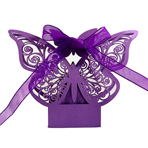 Uposao Hochzeit Geschenkbox,50 Stück Süßigkeiten Kasten Gastgeschenke Schachtel Hohles Schmetterling Muster Schokolade kartons Bonboniere Kasten mit Farbband für Tischdeko Hochzeitstag,Lila von Uposao