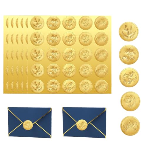Upstore 150 Stück goldgeprägte Briefumschlag-Siegelaufkleber, 5 Muster, 6 Blatt, Vintage, elegant, floral, rund, ohne Stiel, Papier, Innenbereich, Umschlagsiegelaufkleber Upstore 150 Stück goldgeprägte Briefumschlag-Siegelaufkleber, 5 Muster, 6 Blatt, Vintage, elegant, floral, rund, ohne Stiel, Papier, Innenbereich, Umschlagsiegelaufkleber von Upstore